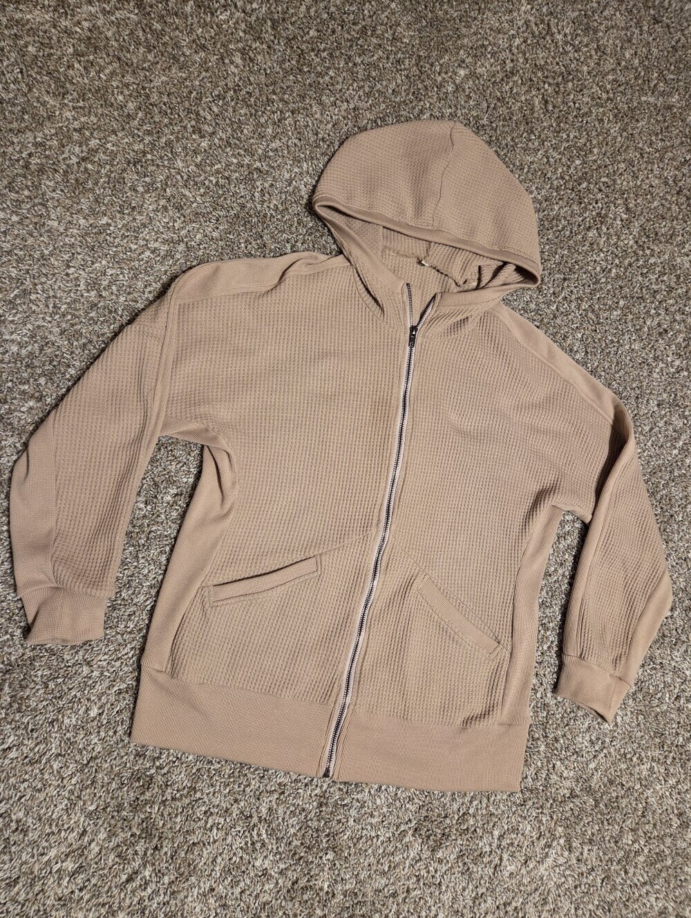 Beige Waffle Knit Zip-Up Hoodie